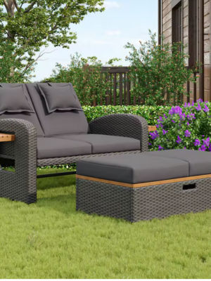 Juego de sillón de jardín para 2 personas, respaldo ajustable, con taburete para pies o cama para exteriores, con cojín trasero