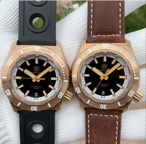 Reloj STEELDIVE de bronce SD1947S Esfera negra BGW9 cristal de zafiro luminoso azul