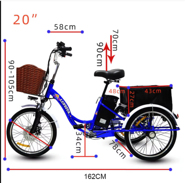 Triciclo eléctrico para adultos, 350W, 48V, 7 velocidades
