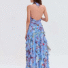 Vestido largo fruncido con estampado Floral azul y cuello para mujer.PRECIO DE OFERTA :55,99€