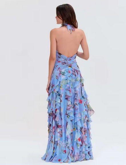 Vestido largo fruncido con estampado Floral azul y cuello para mujer.PRECIO DE OFERTA :55,99€