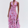 Vestido largo fruncido con estampado Floral azul y cuello para mujer.PRECIO DE OFERTA :55,99€