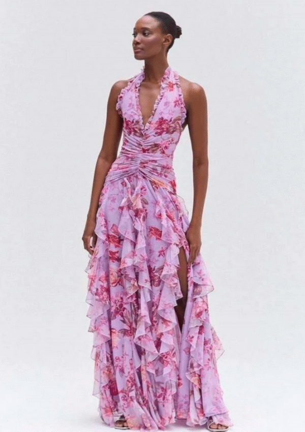 Vestido largo fruncido con estampado Floral azul y cuello para mujer.PRECIO DE OFERTA :55,99€