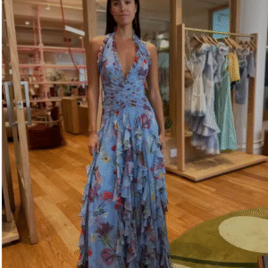 Vestido largo fruncido con estampado Floral azul y cuello para mujer.PRECIO DE OFERTA :55,99€