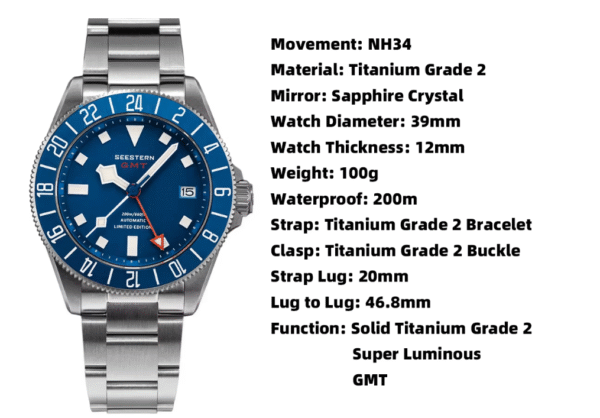 ALIBABA DETSCHE BOOT SEESTERN-Reloj de buceo de titanio para hombre, reloj mecánico automático GMT, movimiento NH34.