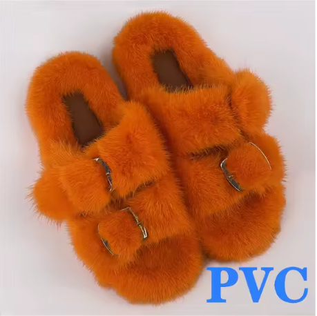 Zapatillas de piel para mujer, 100% zapatillas de piel de visón auténtica, estación europea.