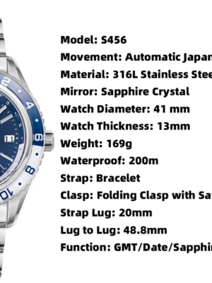 SEESTERN-Reloj de pulsera mecánico para hombre modelo S456, GMT, movimiento automático NH34.