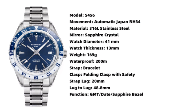 alibaba detsche boot dos SEESTERN-Reloj de pulsera mecánico para hombre modelo S456, GMT, movimiento automático NH34.