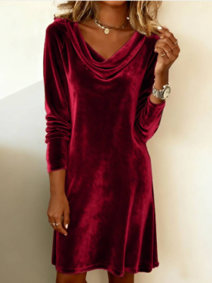 Elegante vestido de terciopelo de manga larga con cuello halter y color liso, faldas suaves para mujer, vestidos formales para cócteles y fiestas.